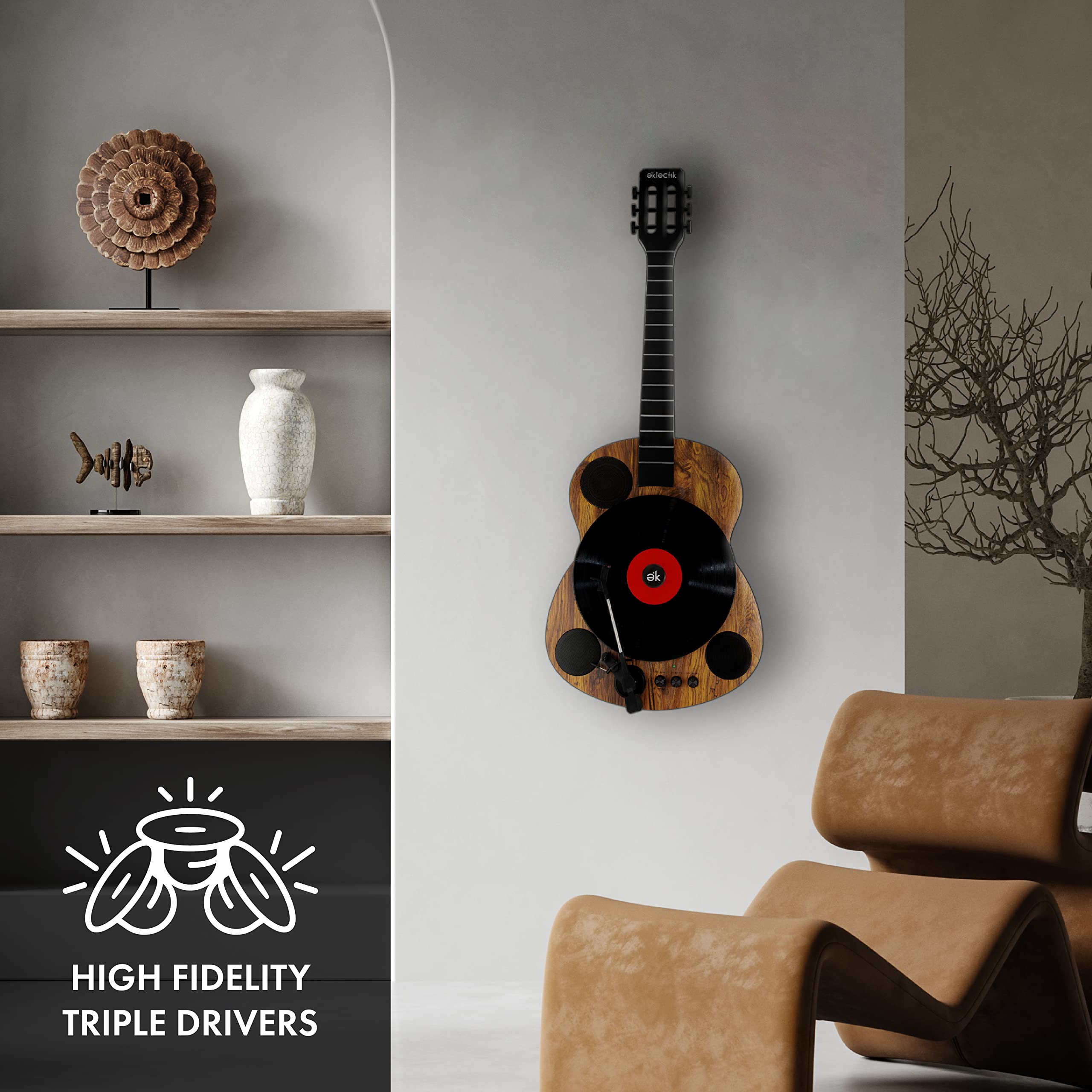 Eklectik Bluetooth Record Player Vertical Turntable Guitar Built-in Stereo Speakers