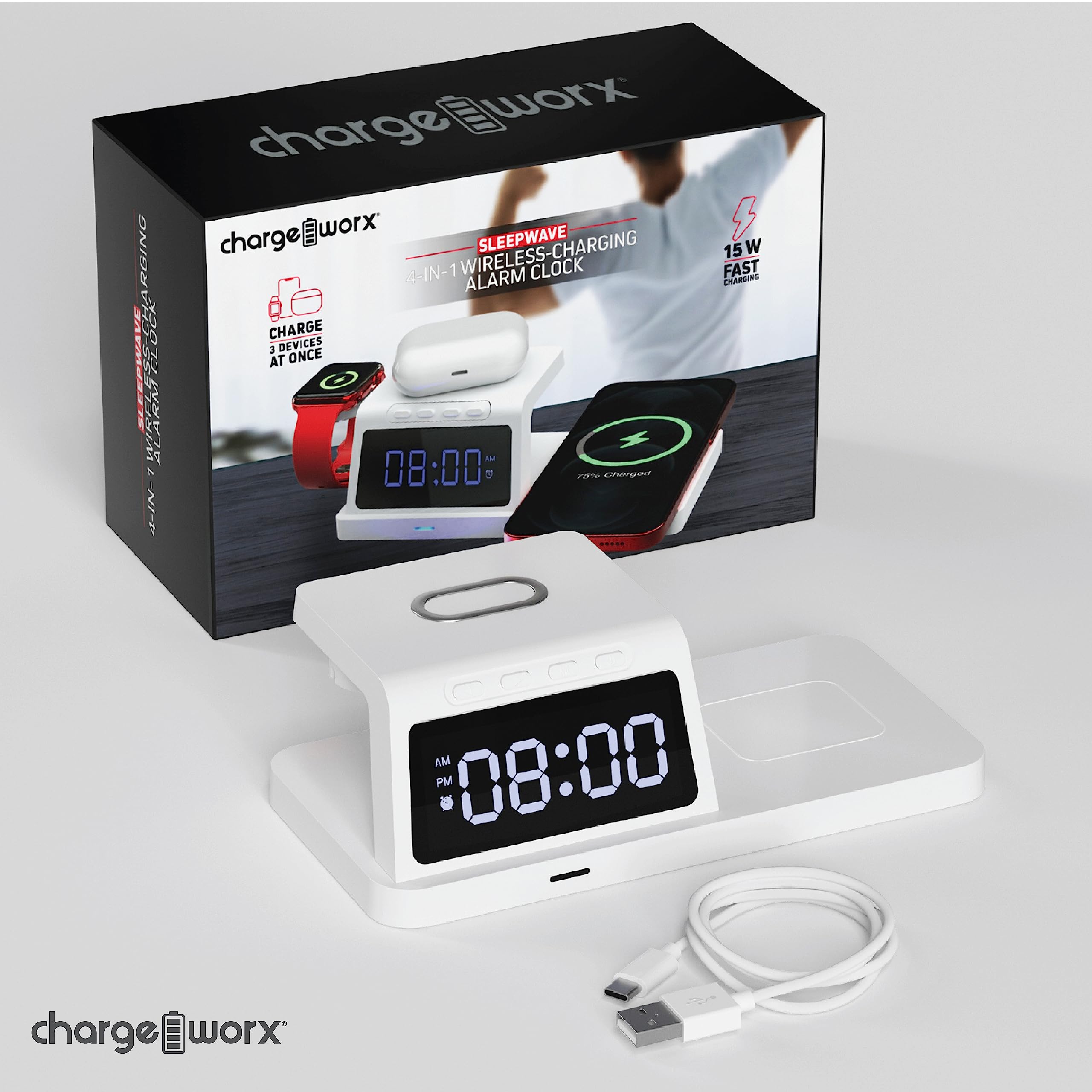 Chargeworx 4-in-1 Wireless Charge Alarm Clock