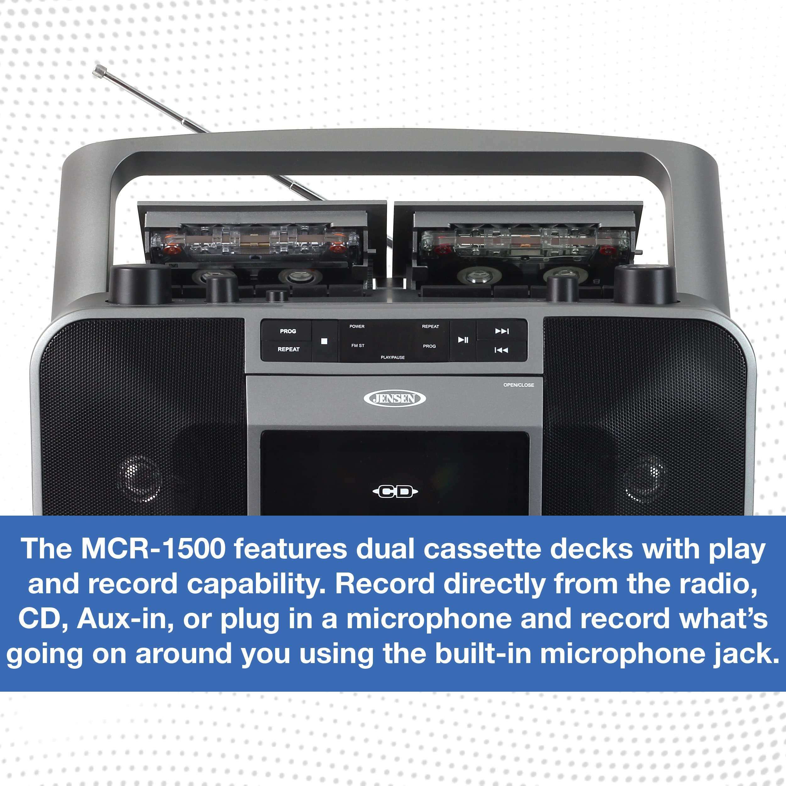 JENSEN MCR-1500 Portable Stereo CD Player and Dual-Deck Cassette Player/Recorder with AM/FM Radio, Gray