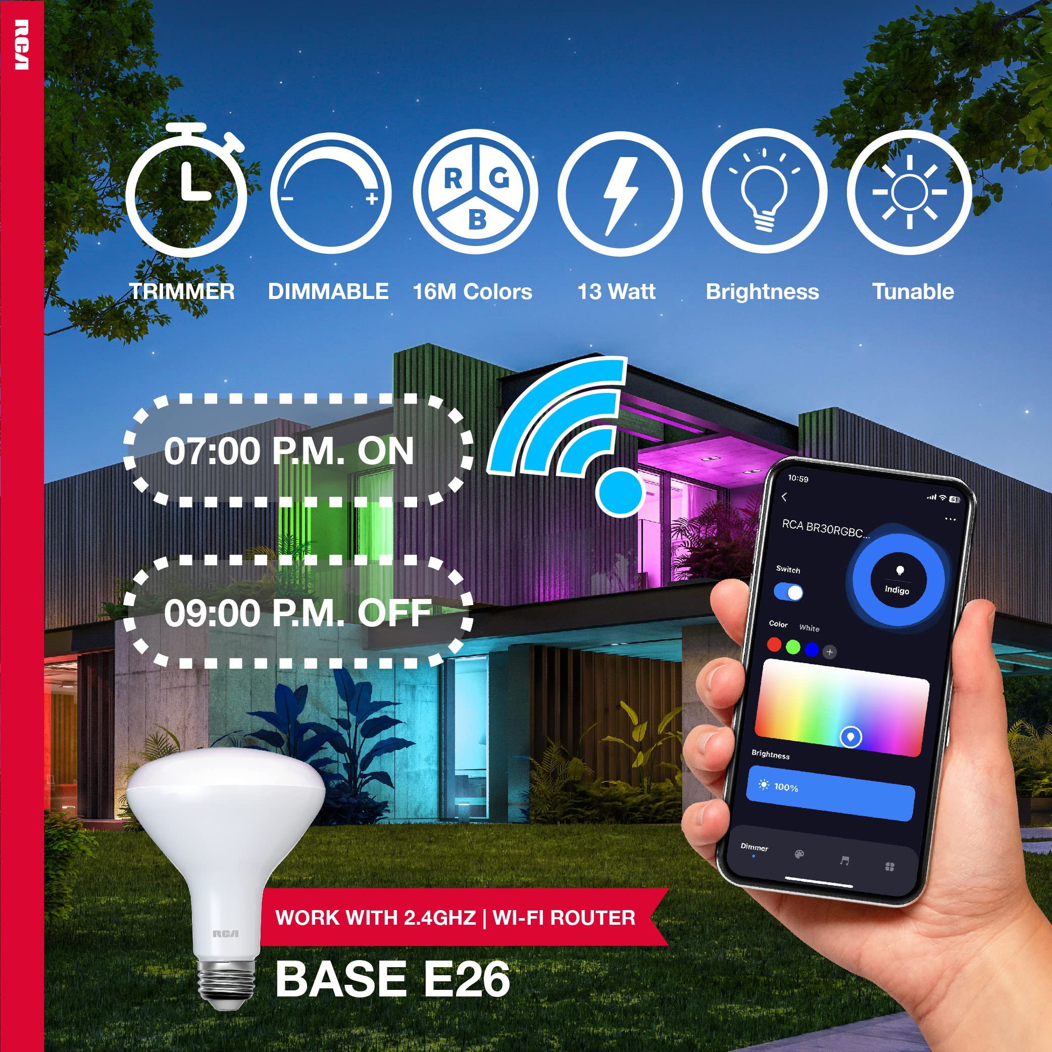 RCA WiFi LED Smart Light Bulb, Indoor Flood Light, 9W, 60W Equiv, Multicolor & White, BR30, 12-Pack