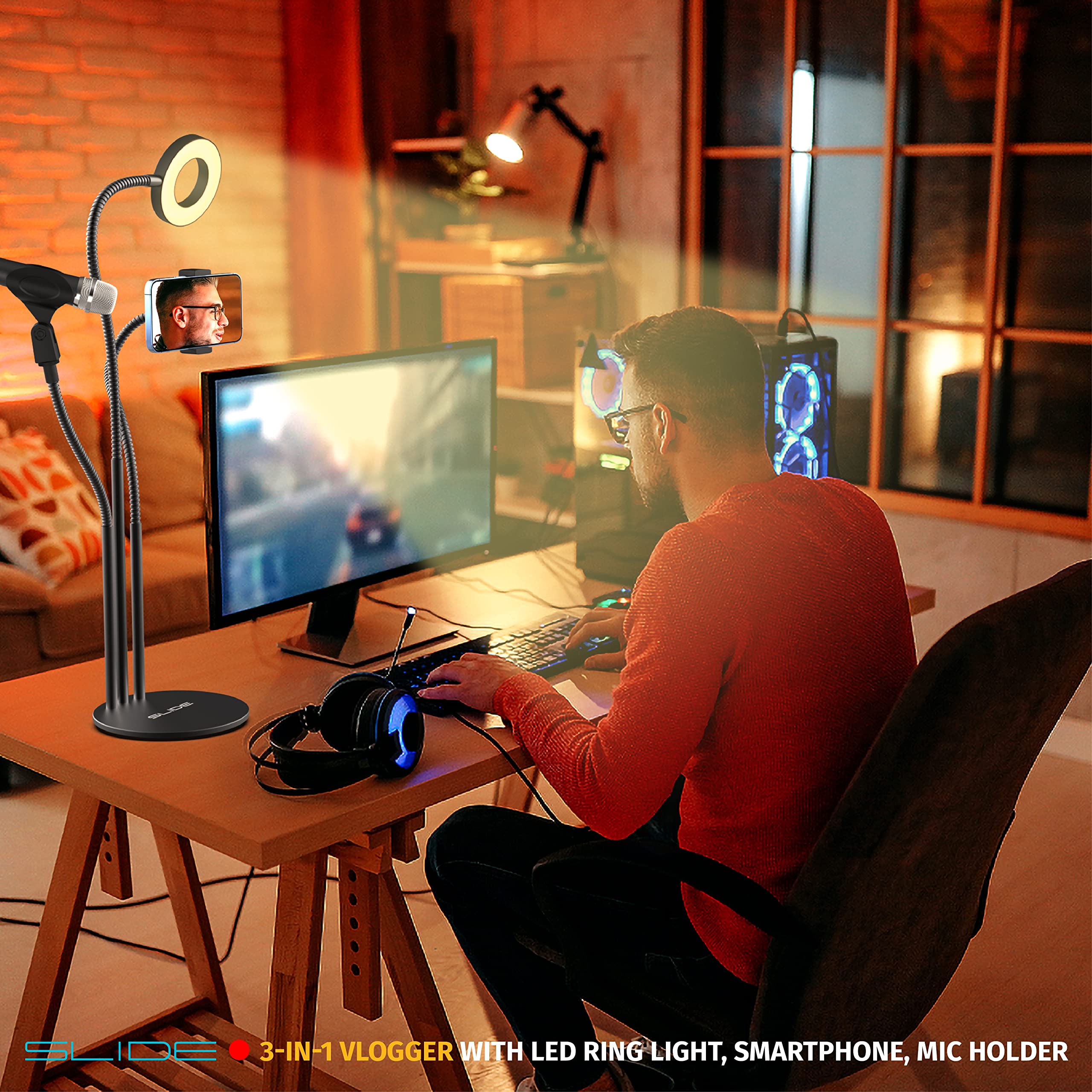 Slide 3-in-1 Vlogging Kit LED Ring Light Stand Phone Holder