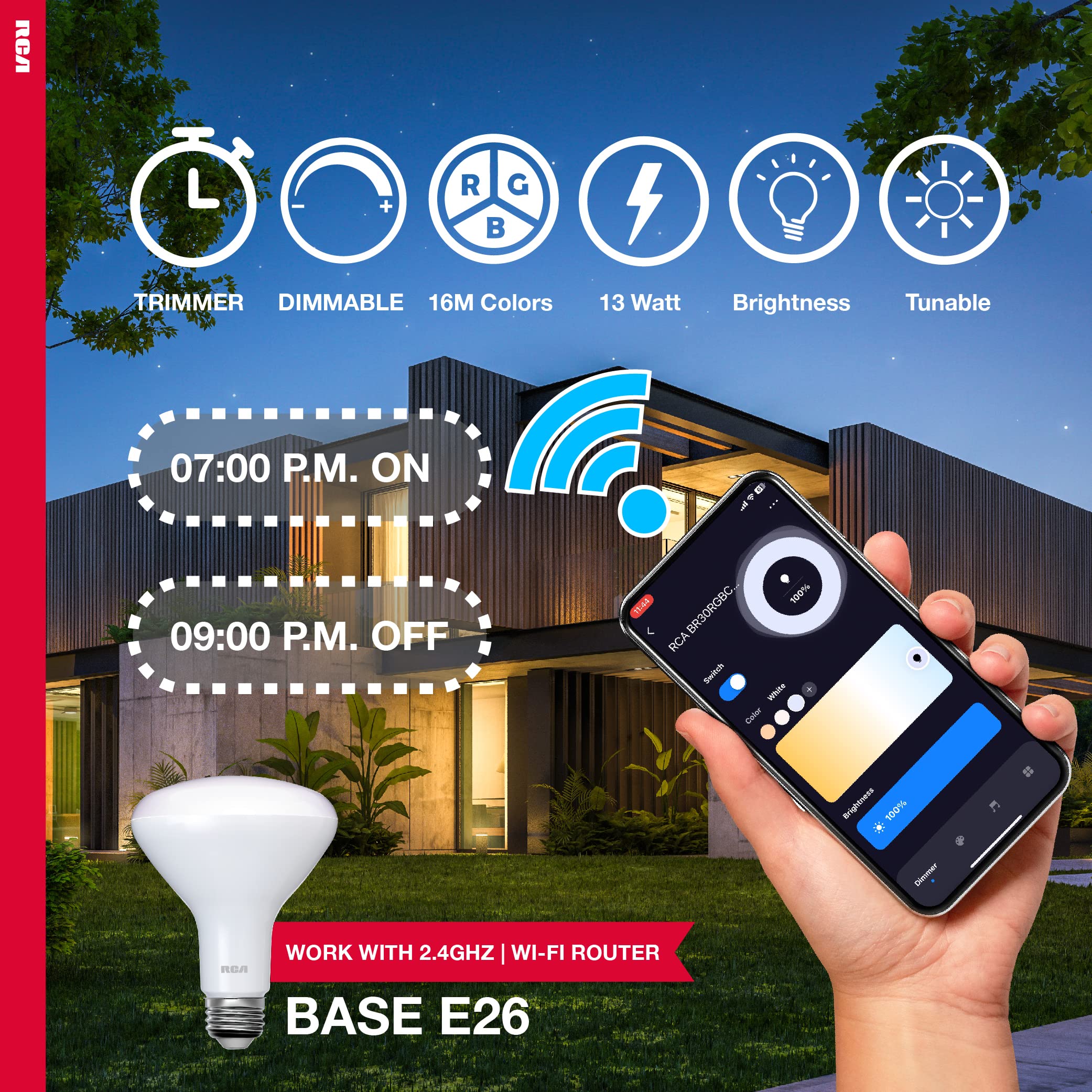 RCA Dimmable Smart Light Bulbs, BR30 WiFi LED, Indoor Flood LED, 9W, 60W Eq, 2700K Soft White, 4-Pack